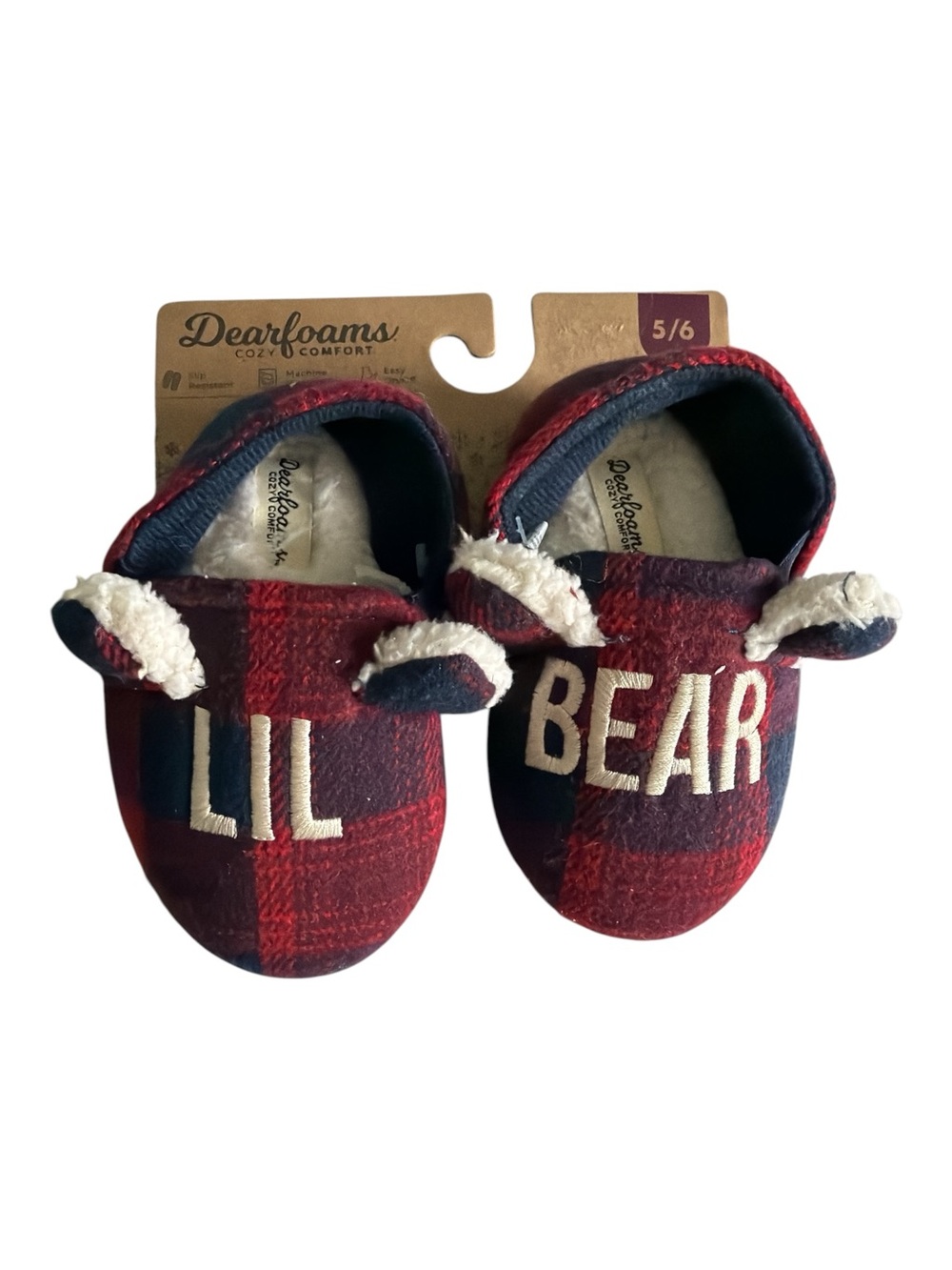 dearfoams Red and Navy Plaid "LIL BEAR" Kids Slippers